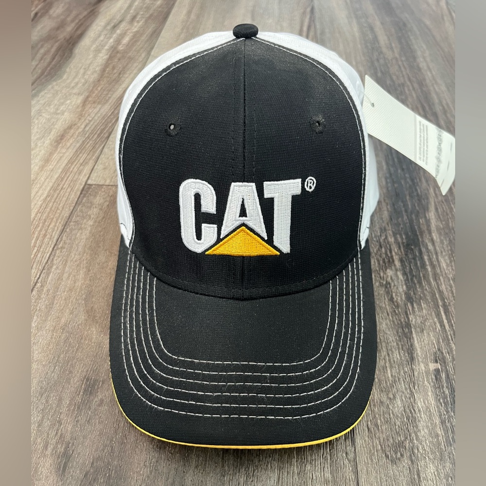 Caterpillar Black and White Cap with Yellow Accent